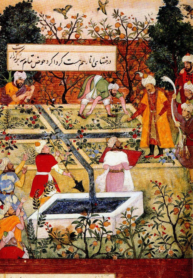 Babur's garden, Baburnama, 16th c. British Library